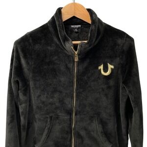 True Religion Womens Black Sherpa Faux Fur Full Zip Jacket Gold Logo XL 205377